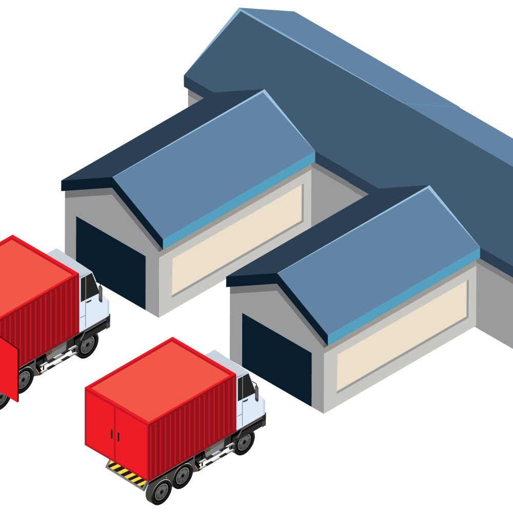 Isometric warehouse building with delivery truck illustration